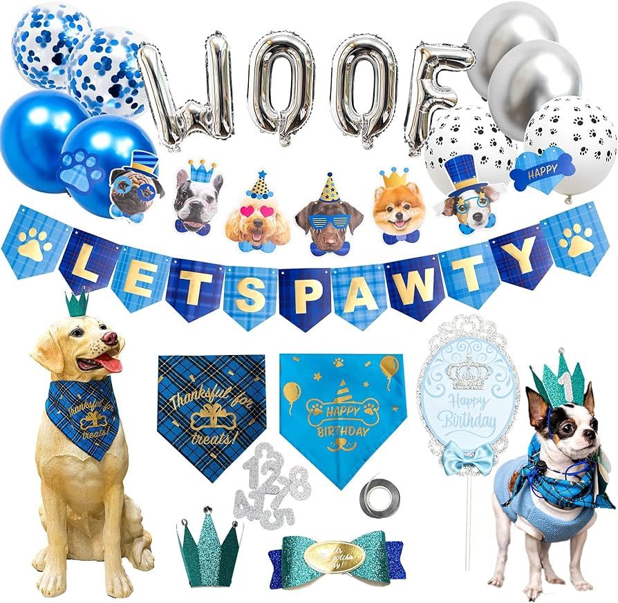 Dog Birthday Party Decorations, Dog Birthday Hat/Bandana/Bowtie/Balloon/Flag/Banner for Small Med... | Amazon (US)