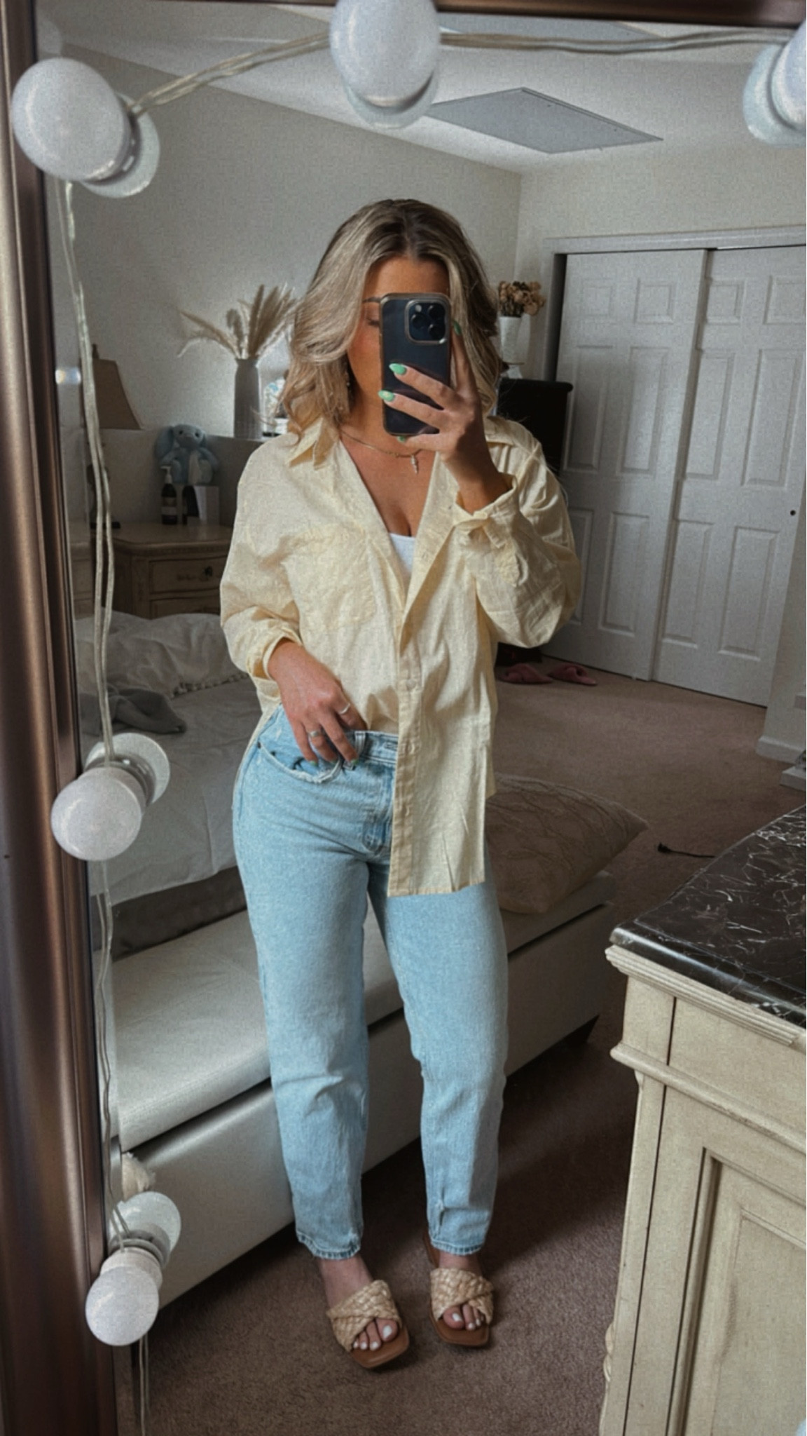 Been loving pastel yellow lately 🌼Button up is the Wilfred Free relaxed shirt from Aritzia (I'm wearing a sports bra underneath bc I like to wear this half open). Jeans are a 26 from Abercrombie, and the sandals are from Target. These specific ones are sold out, but I linked a nearly identical pair from Target from the same brand!

#LTKSeasonal #LTKstyletip #LTKFind