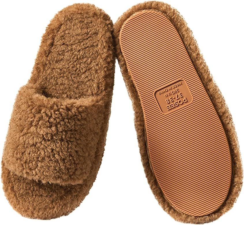 posee Fuzzy Memory Foam Slippers for Women, Fluffy Open Toe Slippers Curly Fur Cozy Flat Spa Slide S | Amazon (US)