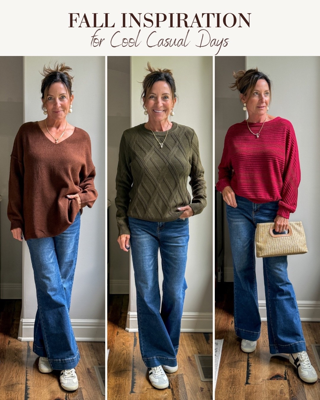 Easy Fall Outfits for Women Over 50

When I’m putting together fall outfits for women over 50, I start with what I love wearing: wide-leg jeans, sneakers and a pretty sweater. Chocolate brown, olive and berry each bring a fresh feel to this easy combination for cool, casual days.

#falloutfits #styleover50 #sweateroutfit #widelegjeans #casualstyle