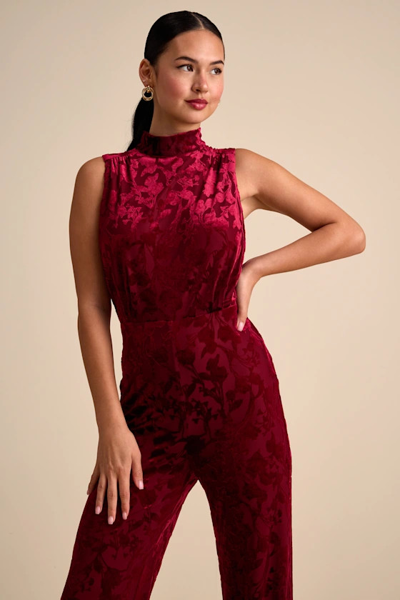 Micola Red Velvet Jacquard Mock Neck Jumpsuit | Lulus