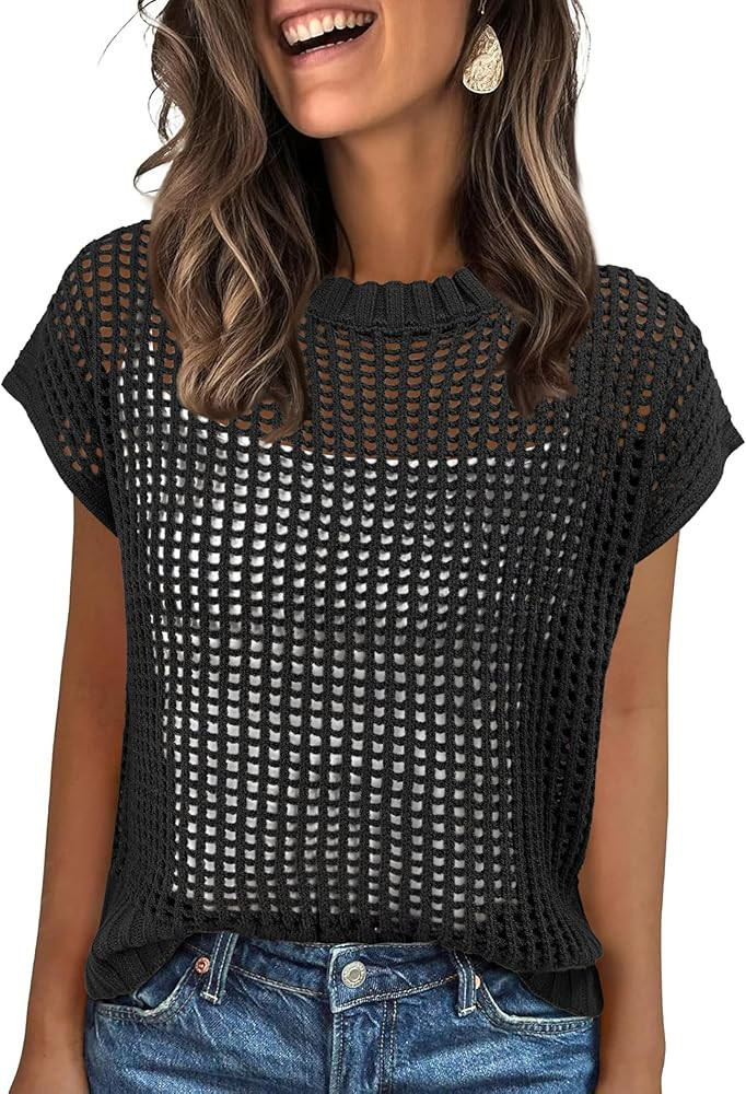 ANRABESS Womens Tops 2026 Trendy Summer Shirts Crochet Cap Sleeve Knitted Sweater Beach Vacation ... | Amazon (US)