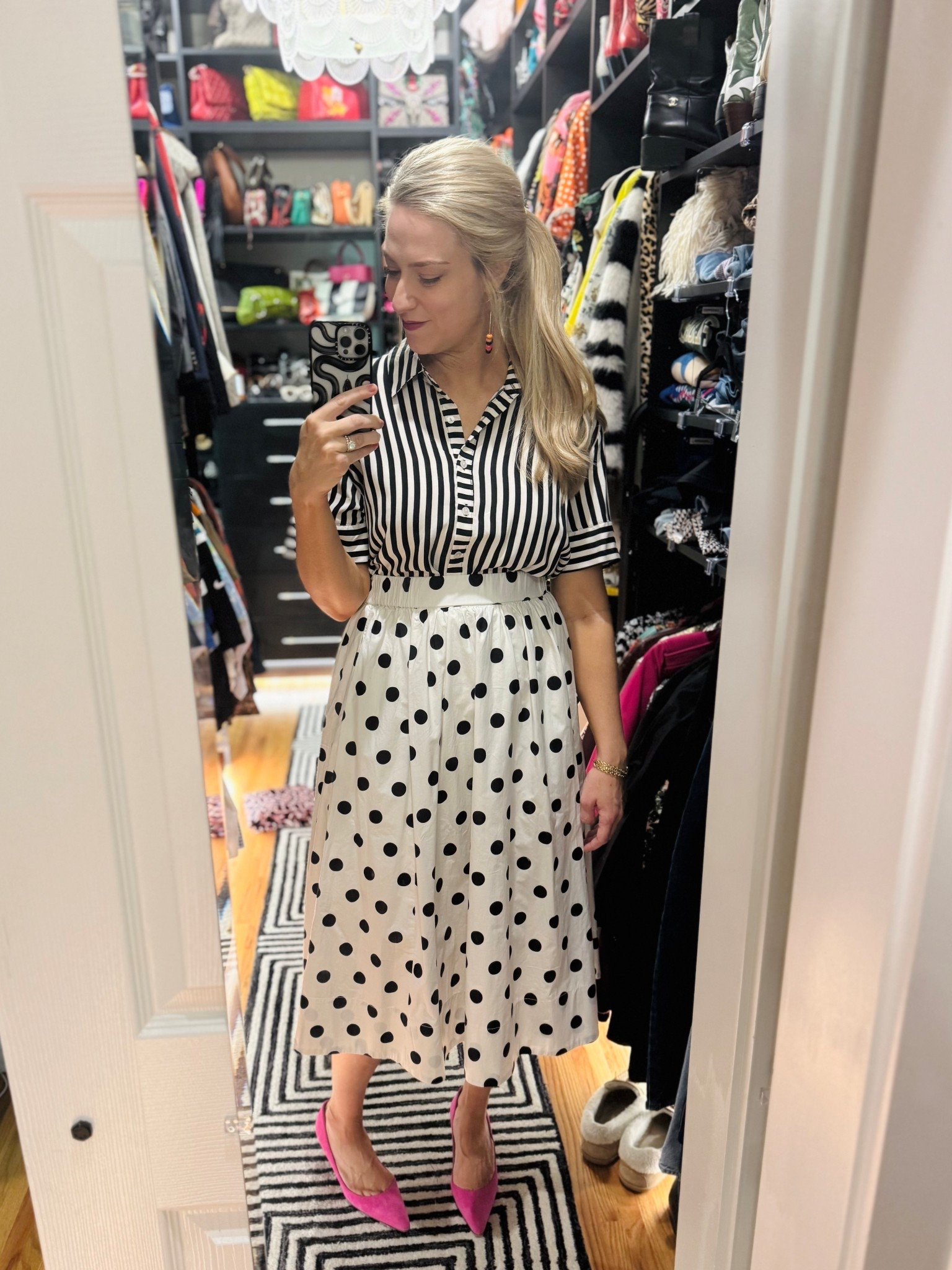 Look of the day- pattern mixing! #polkadots #polkadot #stripes #pinkshoes 

#LTKTall #LTKootd #LTKmomlife