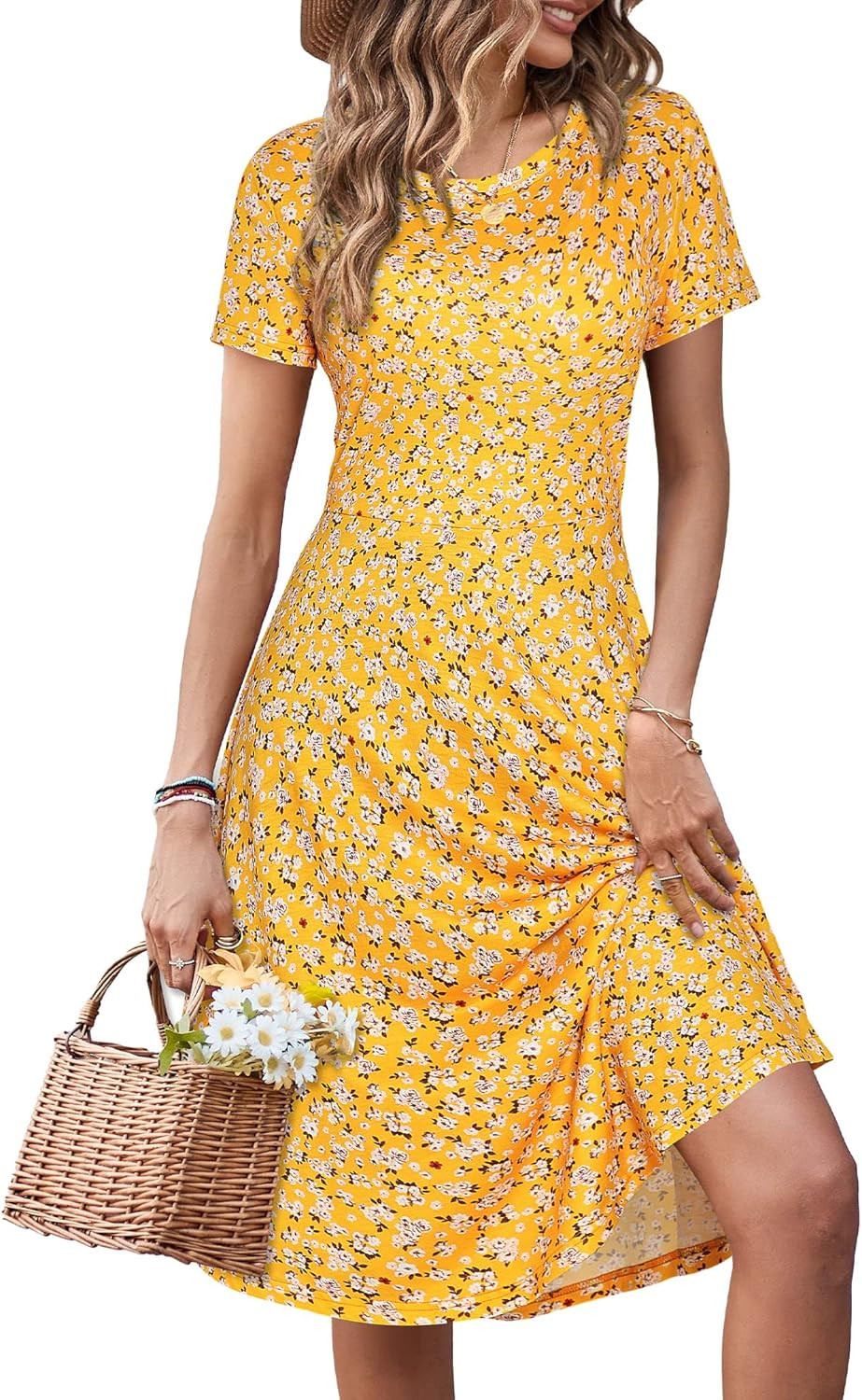 HUHOT Spring/Summer Casual Women Short Sleeve Round Neck A Line Fit and Flare Midi Skater Dress | Amazon (US)