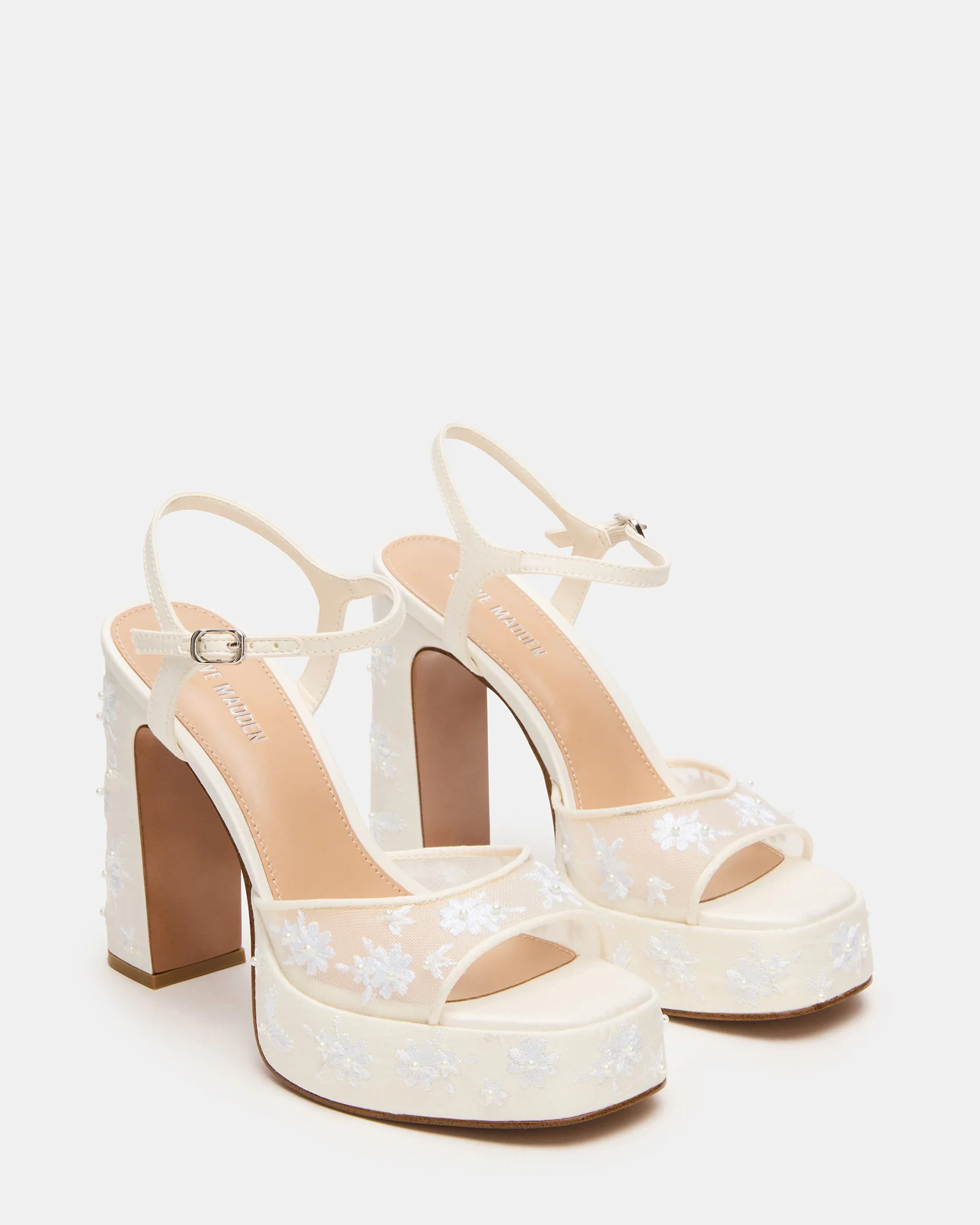 LIANDRA Embellished White Mesh Platform Square-Toe Strappy Women's Heel | Steve Madden (US)