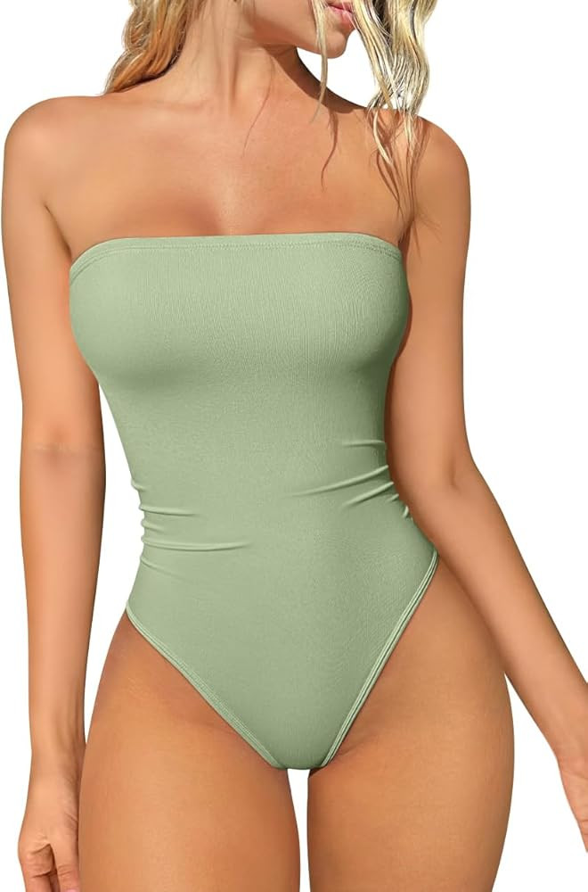 OQQ Womens Tube Bodysuits Strapless Basic Sleeveless Ruched Stretch Classic-Fit Tops Sexy Bodysui... | Amazon (US)
