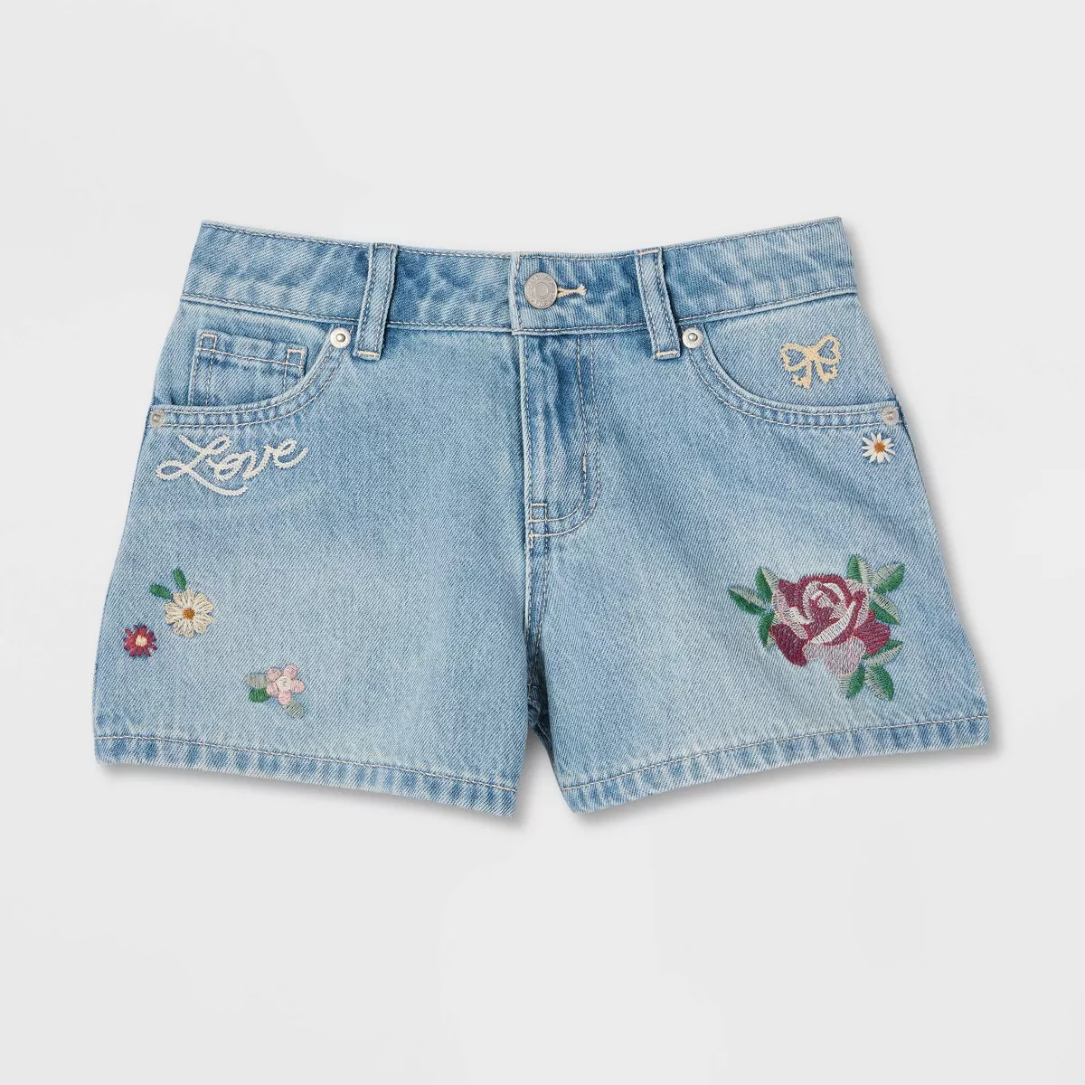Girls' Mid-Rise Embroidered Floral Jean Shorts - Cat & Jack™ Medium Wash XS | Target