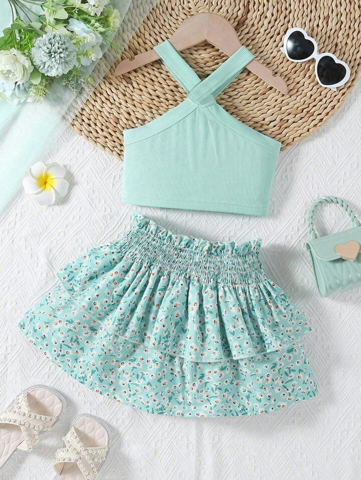 SHEIN Young Girl Holiday Casual Sleeveless Crop Top And Elastic Waist Floral Skater Skirt Set, Summer | SHEIN