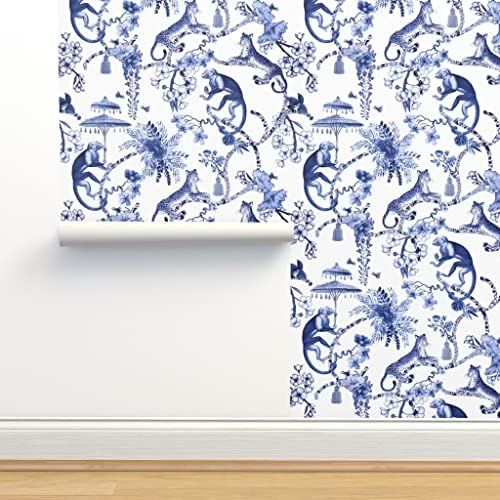 Removable Wallpaper Swatch - Chinoiserie Blue White Flowers Monkey Floral Leopard Jungle Custom P... | Amazon (US)