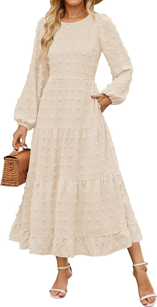 ZESICA Women's Fall Long Sleeve Maxi Dresses 2024 Casual Crew Neck Swiss Dot Tiered Flowy A Line ... | Amazon (US)
