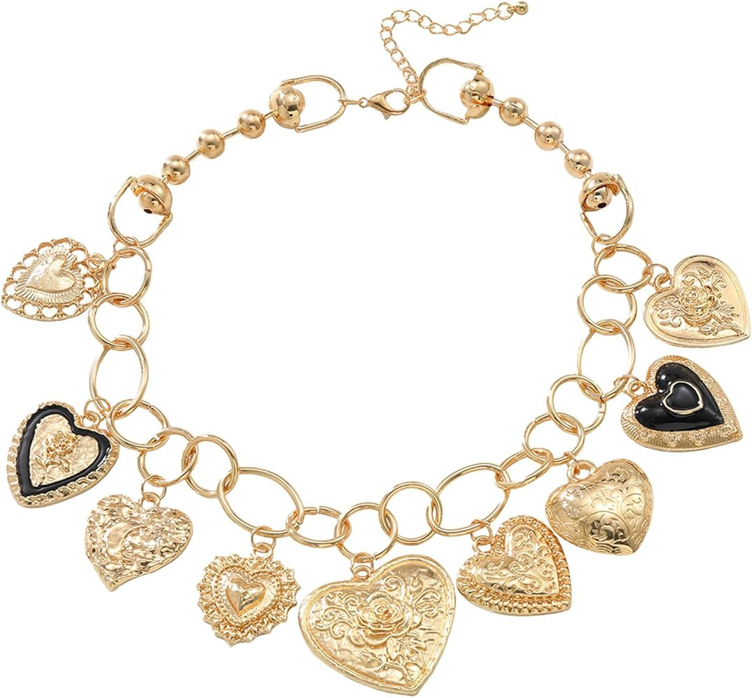 Golden Charm Necklace for Women, Boho-Inspired Paperclip Chain with Heart Pepper Cheetah Cherry B... | Amazon (US)