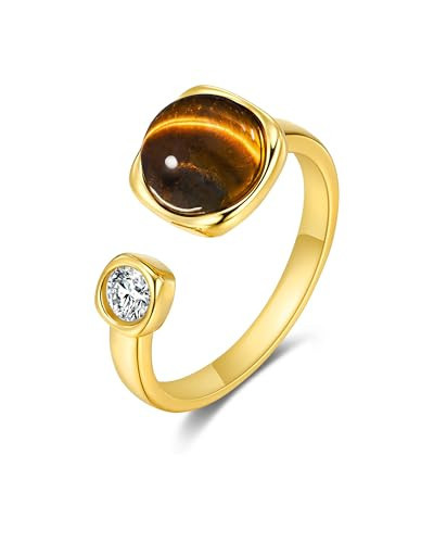 18K Gold Plated Brown Tiger Eye CZ Natural Stone Adjustable Statement Open Ring for Women by SNGIA, Summer Beach Unique Bead Gemstone Stackable Wedding Date Birthday Gift, Bohemian Stone Irregular Trendy Navy Jewelry, Textured Patterned Fashion Quartz Accessories, Vintage Hammered Circular Nickle Free Gifts. | Amazon (US)