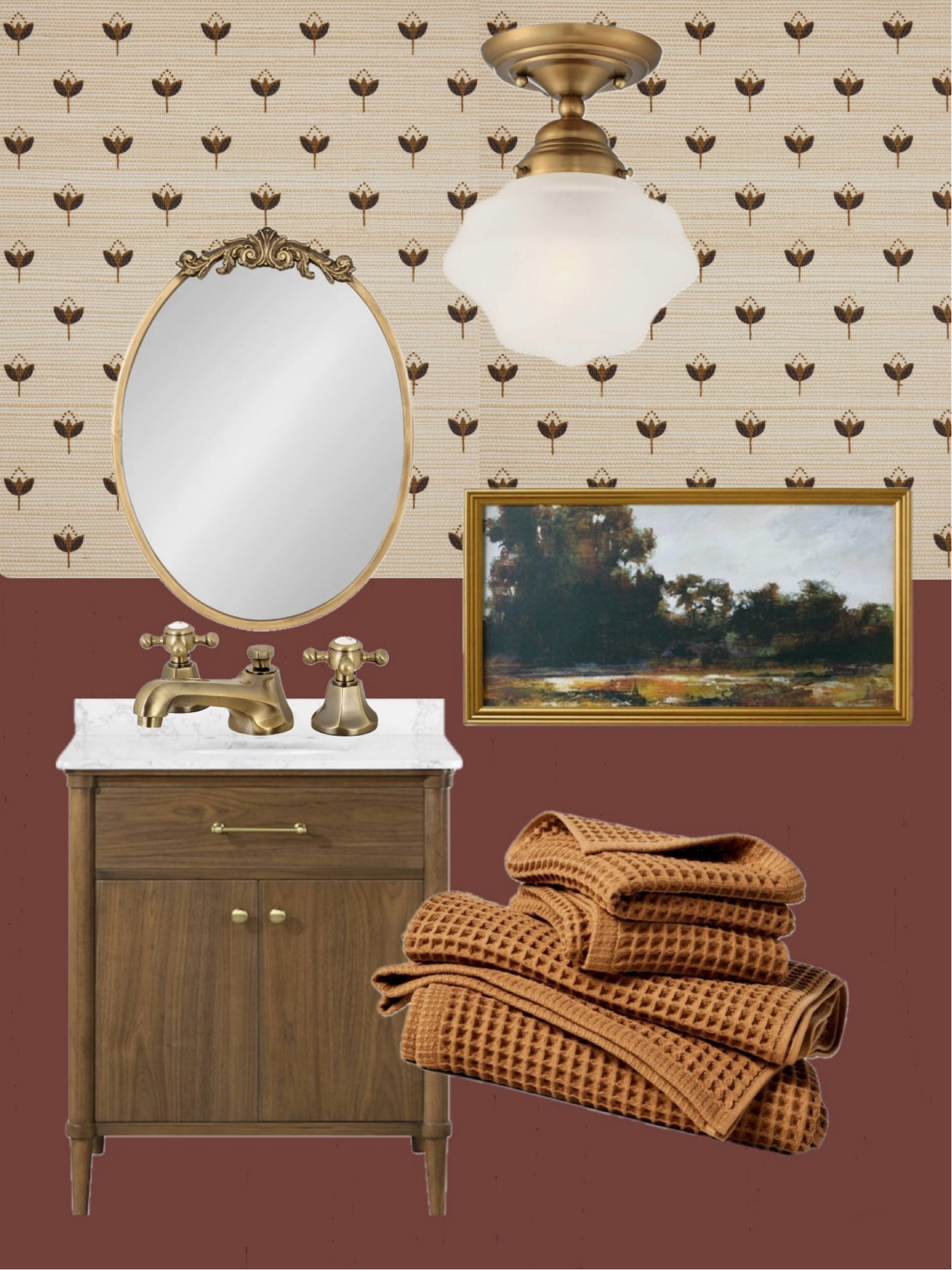 Dreaming up my under-stair powder room. I own the vanity from Lowe’s, the light from target, and the mirror and sink hardware from Wayfair, now trying to add in some moody details! Paint color is Chestnut by Benjamin Moore. 

Wayfair finds, target finds, moody bathroom, red brown paint, wallpaper, wall art, waffle knit towels, brass hardware, transitional style, modern vintage, Kingston brass, semi flush mount lighting 

#LTKFindsUnder50 #LTKFindsUnder100 #LTKHome