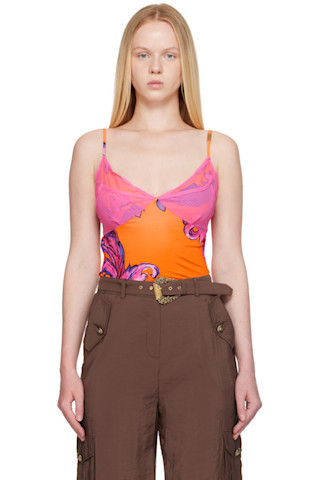 Versace Jeans Couture - Pink & Orange Outline Barocco Mesh Top | SSENSE