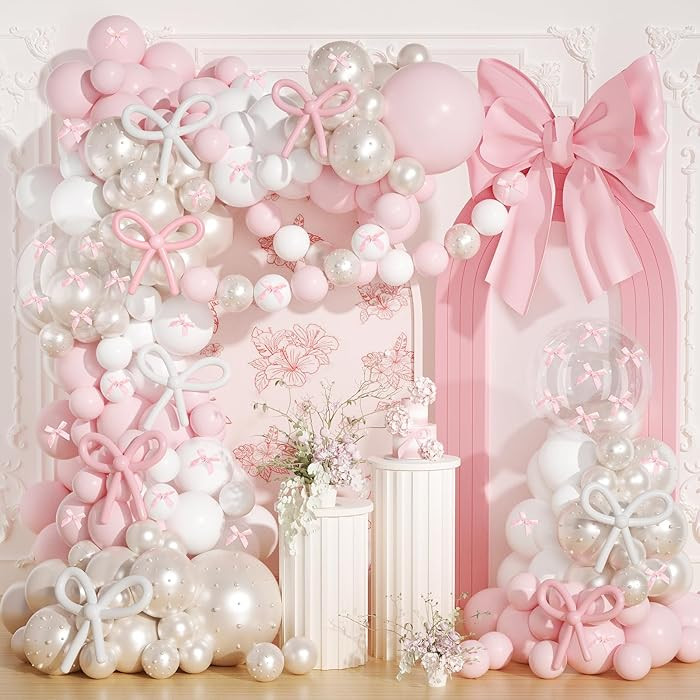 Pink Bow Birthday Decorations,220Pcs Pink Bow Balloon Arch Kit with 260 Clear Double Stuffed Pear... | Amazon (US)