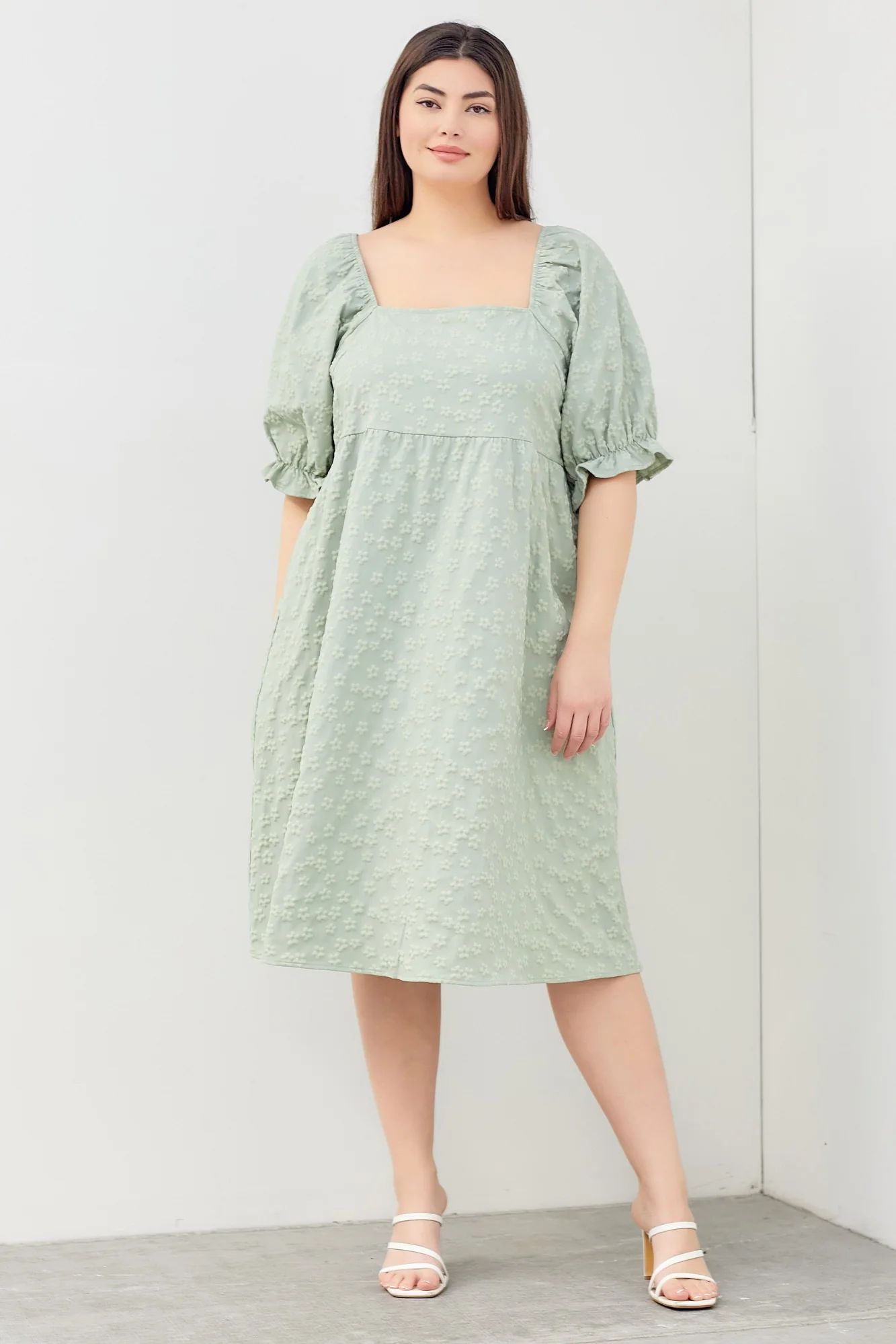 Light Olive Floral Textured Square Neck Babydoll Plus Dress | PinkBlush Maternity
