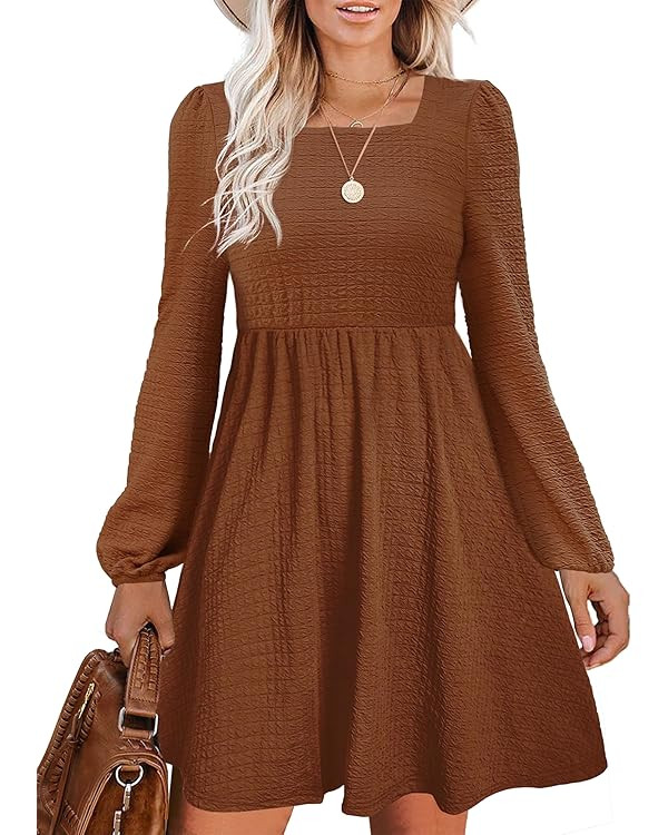 Womens Babydoll Dresses Square Neck Long Sleeve Knee Length Flowy Swing Shirring Mini Dresses Fal... | Amazon (US)