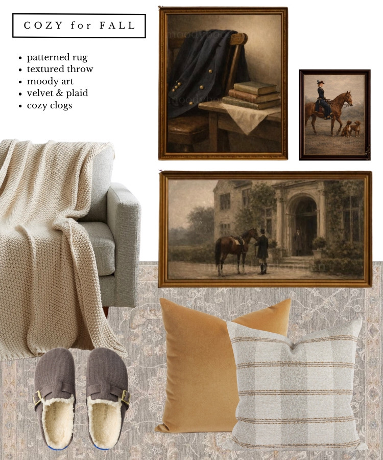 Fall home decor, cozy living room, living room furniture, art, pillows, living room rug, velvet decor, moody english home decor 

 #LTKfall #LTKhome