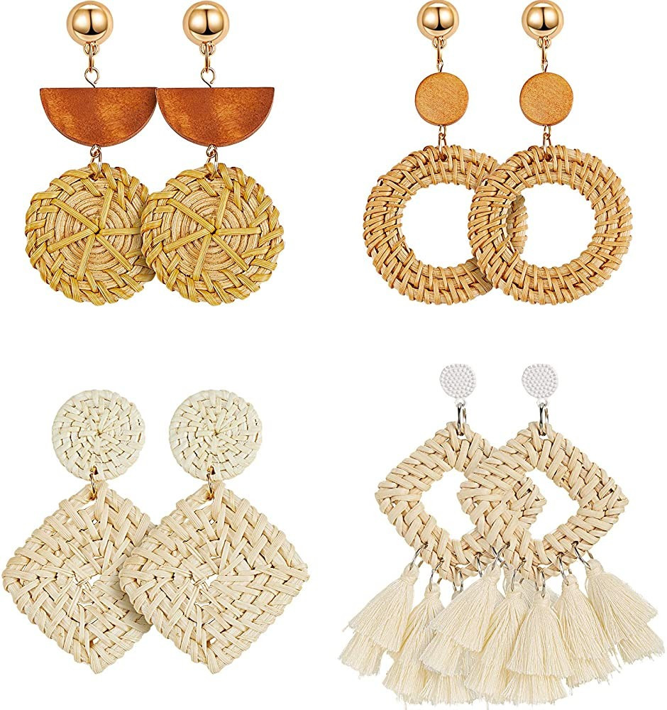 4 Pairs Rattan Earrings Geometric Statement Woven Straw Tassel Earrings Handmade Bohemian Braid H... | Amazon (US)