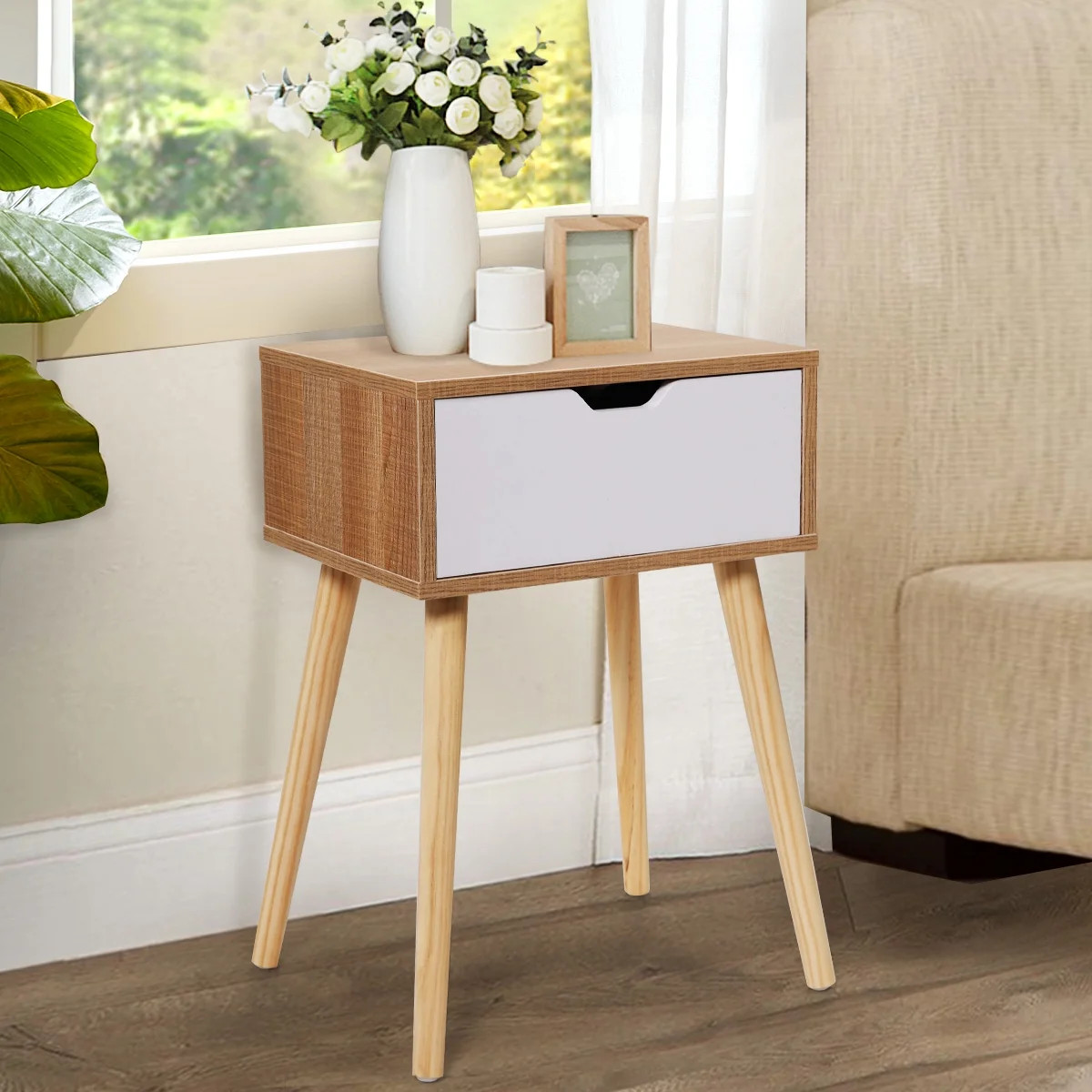 Jaxpety Mid-Century Wooden Nightstand Side End Table with White Storage Drawer for Bedroom Living... | Walmart (US)