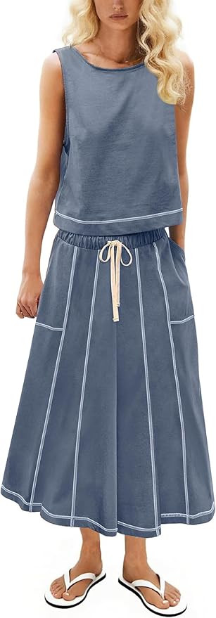 Women’s 2 Piece Cotton Skirt Set Sleeveless Draped Tank Top Drawstring Midi Skirt Y2K Lounge Ou... | Amazon (US)