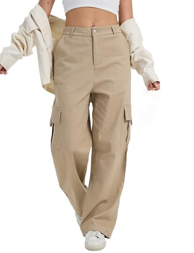 DAOAO Khaki Cargo Pants for Women High Waist Wide Leg Stretchy Pull On Baggy Casual Pants with Pockets XL | Amazon (US)