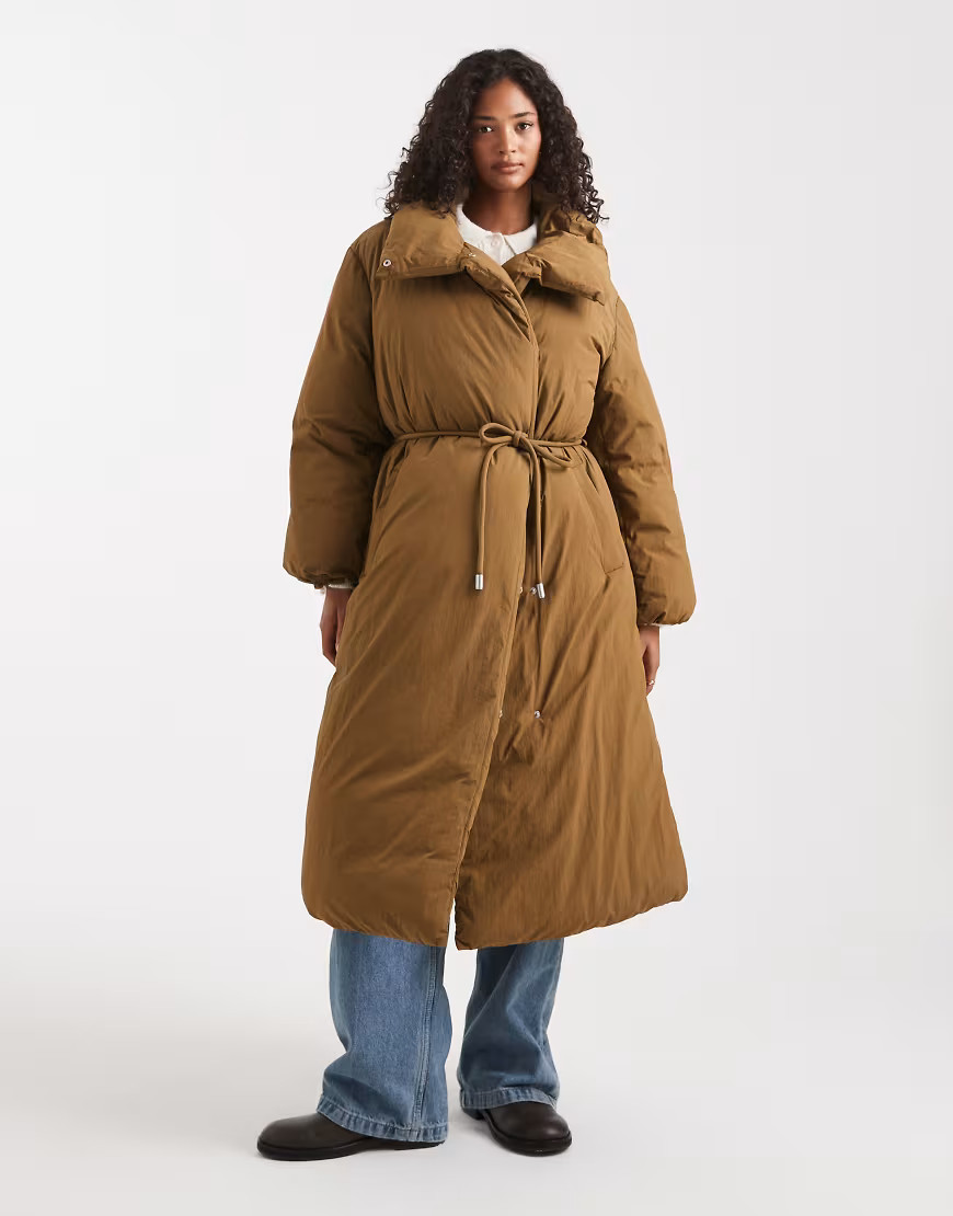 ASOS DESIGN funnel neck longline puffer jacket in Olive-Brown | ASOS (Global)