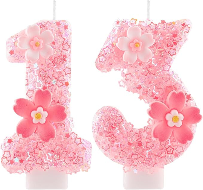 Cherry Blossom Pink Number 13 Birthday Candle, 2.8in Cute Shiny Happy 13th Birthday Candle with T... | Amazon (US)