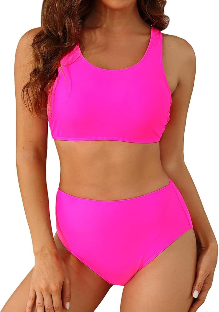 Holipick Women High Waisted Two Piece Bikini Sports Crop Top Swimsuit Scoop Neck Bathing Suit for... | Amazon (US)