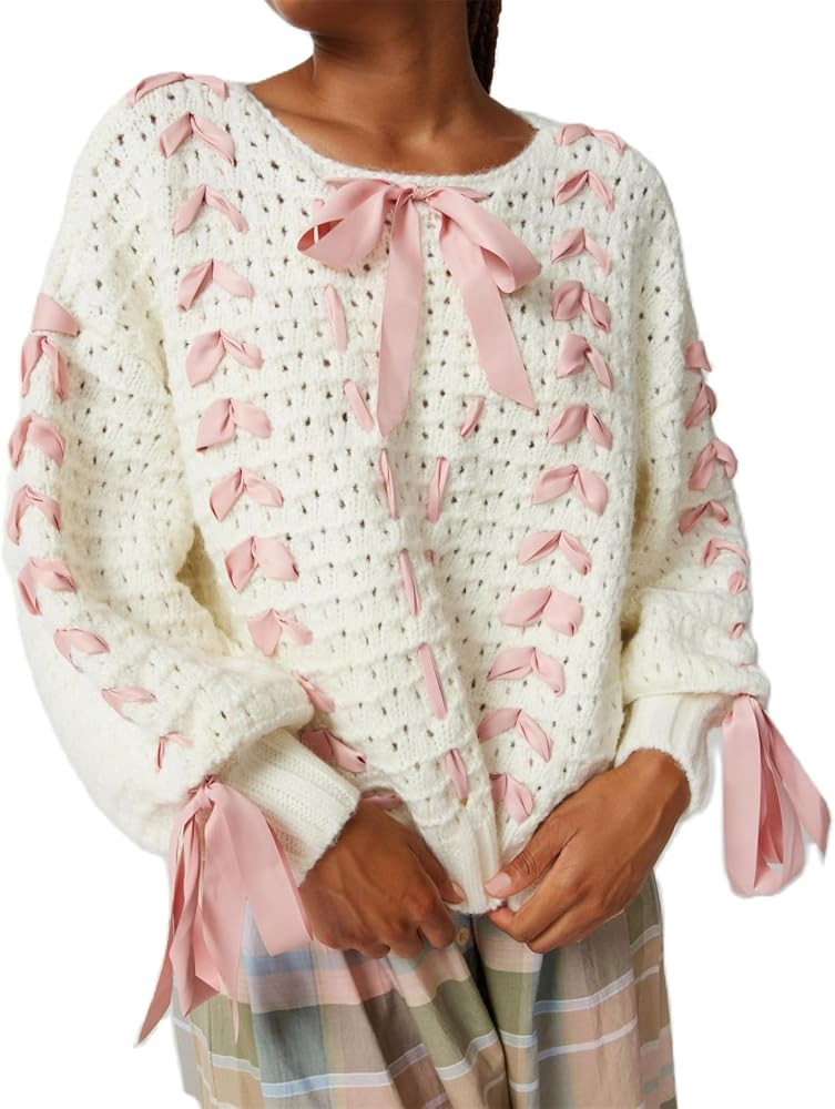 Women Cute Ribbon Lace Up Bow Knit Sweater Y2k Fairy Grunge Loose Fit Pullover Knitted Jumper Vin... | Amazon (US)