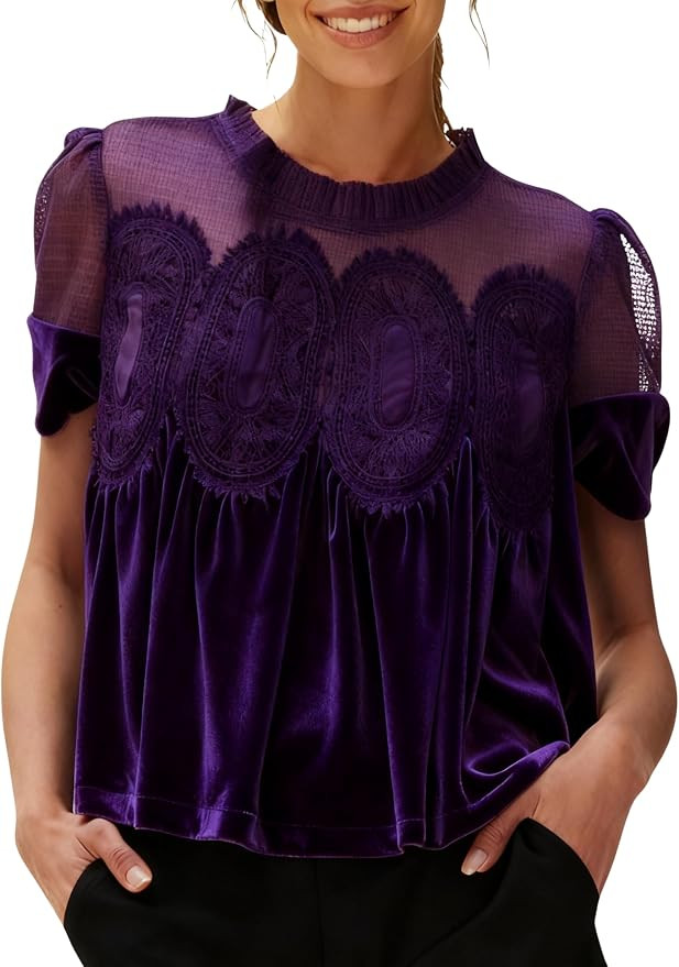 Gozoloma Women's Velvet Lace Blouse Casual Round Neck Short Sleeve Flared Swing Top Elegant Loose... | Amazon (US)