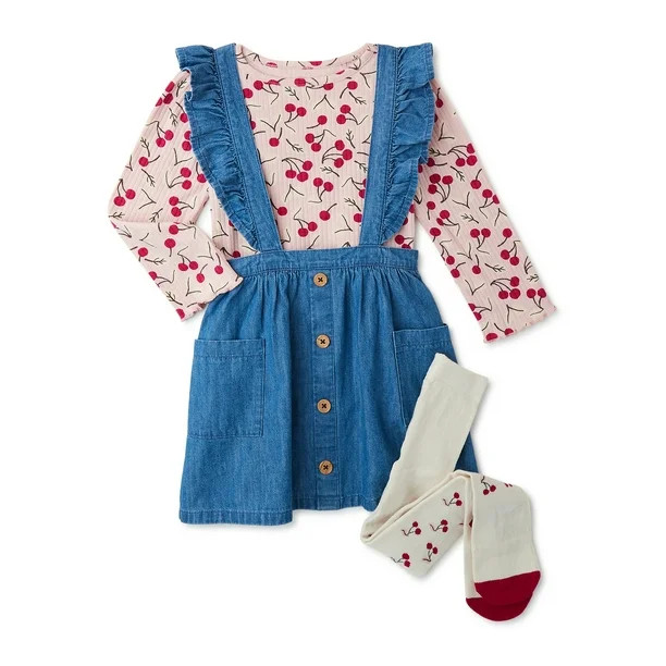 Wonder Nation Baby and Toddler Girls' Pinafore Dress, Long Sleeve Top and Tights Set, Sizes 12M -... | Walmart (US)