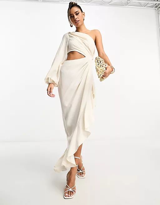 ASOS DESIGN linen ruched one sleeve maxi dress with ruffle side split in stone | ASOS (Global)