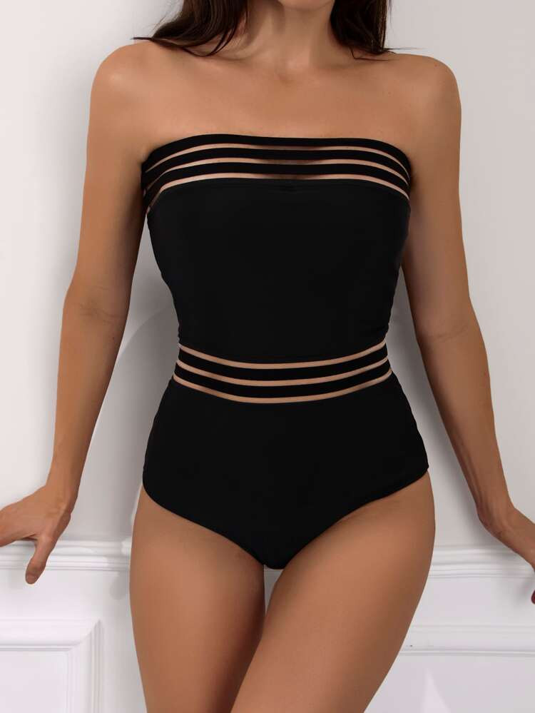 Contrast Mesh Bandeau One Piece Swimsuit | SHEIN