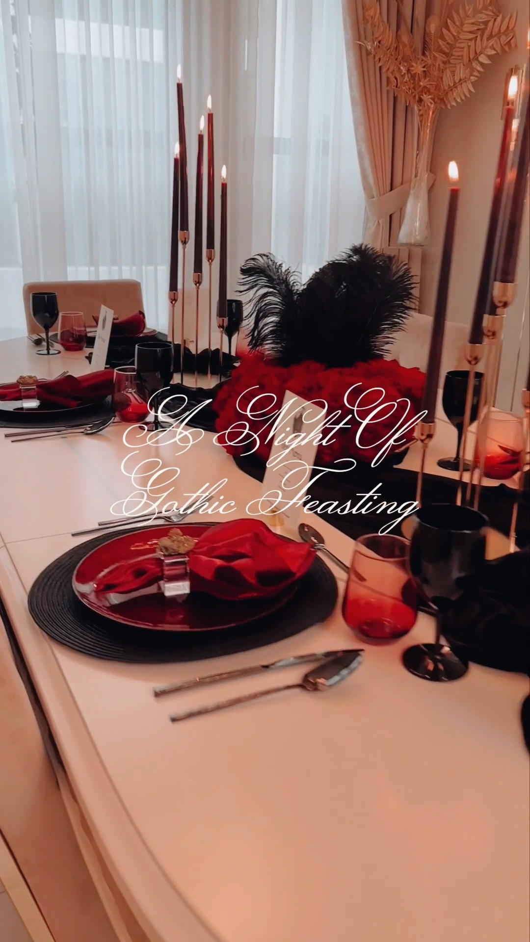 Today I want to present a delightful Halloween tablescape that I crafted last year. You see, this year has thrown me into a whirlwind, and I still find myself without a permanent residence (fingers crossed that this month ends my waiting). But let's transport ourselves back to a time when I aimed to recreate the alluring essence of a vampire's soirée in my beautiful dining room. 
Vampires, as we know, are quite the intriguing bunch—undeniably lethal yet often exuding an air of sophistication, dwelling in ancient castles, and indulging in lavish feasts featuring the finest delicacies and, of course, their beloved crimson elixir. So, here we have a Halloween tablescape that exudes refinement.
Imagine sumptuous velvets gracefully mingling with precious metals, all bathed in the soft, enchanting glow of candlelight, thoughtfully arranged atop gilded candelabras. Satin napkins and a velvet table runner add a touch of luxury to the table's surface, reminiscent of the opulent attire of nobility.
Naturally, no vampire gathering would be complete without distinctive glassware. Behold the crimson and ebony goblets, poised to cradle the most alluring of cocktails, as we raise our glasses to our deepest desires. And, the pièce de résistance—a carefully curated menu. You see, creating menus is a personal tradition of mine. Not only do they earn the admiration of my guests, but they often become treasured keepsakes, taken home by those who attend. I've put together this enchanting experience on my LKT page, a treasure trove just waiting for your exploration and inspiration. 🌟🦇 So, dive in, keep sparkling, and let the glamour shine on! #ElegantSpookiness #HalloweenTablescape #StayGlamorous ✨🦇

#LTKparties #LTKHoliday #LTKHalloween