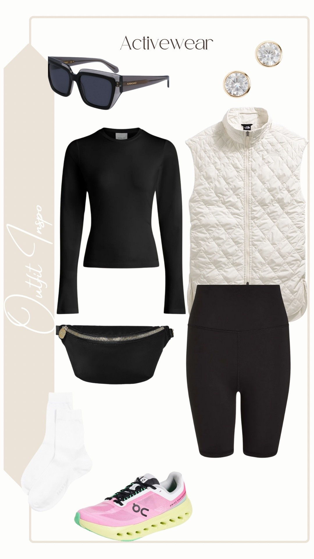 Outfit Inspo
Activewear 

White Insulated Vest: North Face (Diamond Peak Insulated Vest)
Black High Rise Shorts & Long Sleeve Fitted Tee: Varley
Pink Sneakers: On (Cloudsurfer Next 1)
White Ankle Socks: Falke
Solitaire Studs: Shashi
Grey/Black Acetate Butterfly Sunglasses: Ferragamo
Black Fanny Pack: Stoney Clover Lane


#LTKShoeCrush #LTKSeasonal #LTKActive