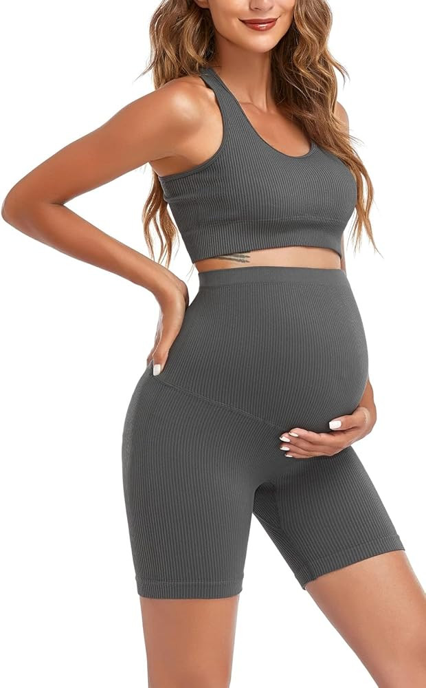 Women's Maternity 2 Piece Outfit Set - Bra & Shorts for Pregnancy - Yoga workout Lounge Wear Sets | Amazon (US)