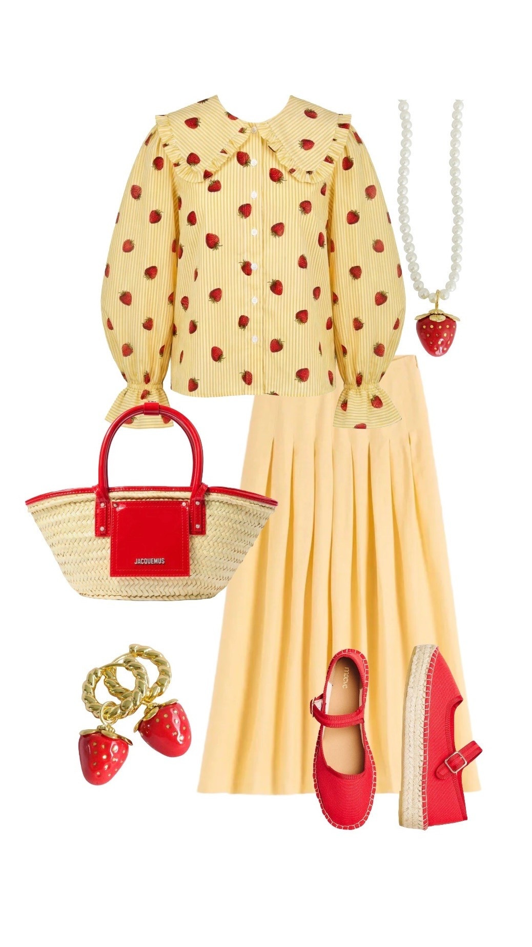 Strawberry Blouse - The Well Worn at Wolf & Badger

Midi Skirt in Buttercream - Boden

Red Straw Soli Mini Tote - new at Jacquemus

Red Espadrille Flats - Maeve at Anthropologie

Strawberry Enamel Earrings and Necklace - Pop Porcelain at Wolf & Badger

#LTKeurope #LTKsummer #LTKstyletip #LTKuk