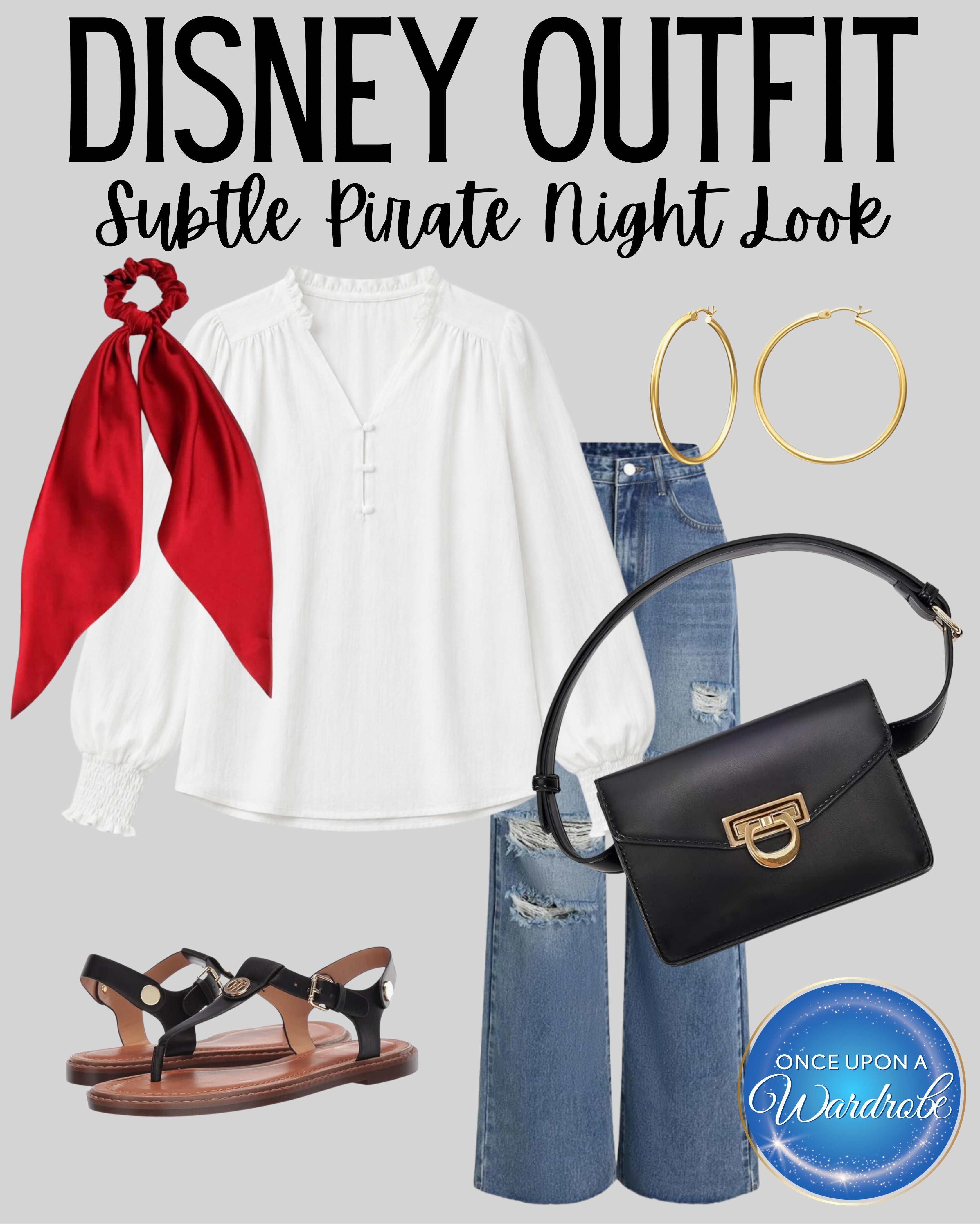 A subtle Pirate Night outfit for anyone who wants to join the Disney Cruise theme without wearing a full costume. The white peasant blouse, distressed wide-leg jeans, black sandals and red scarf create an easy pirate-inspired look that still feels comfortable for dinner, deck parties and photos around the ship. Add gold hoops and a black shoulder bag to finish this wearable Disney Cruise outfit. 

 #LTKootd #LTKmomlife #LTKTravel