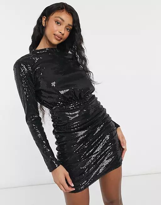 In The Style exclusive sequin high neck 2 in 1 mini dress in black | ASOS (Global)