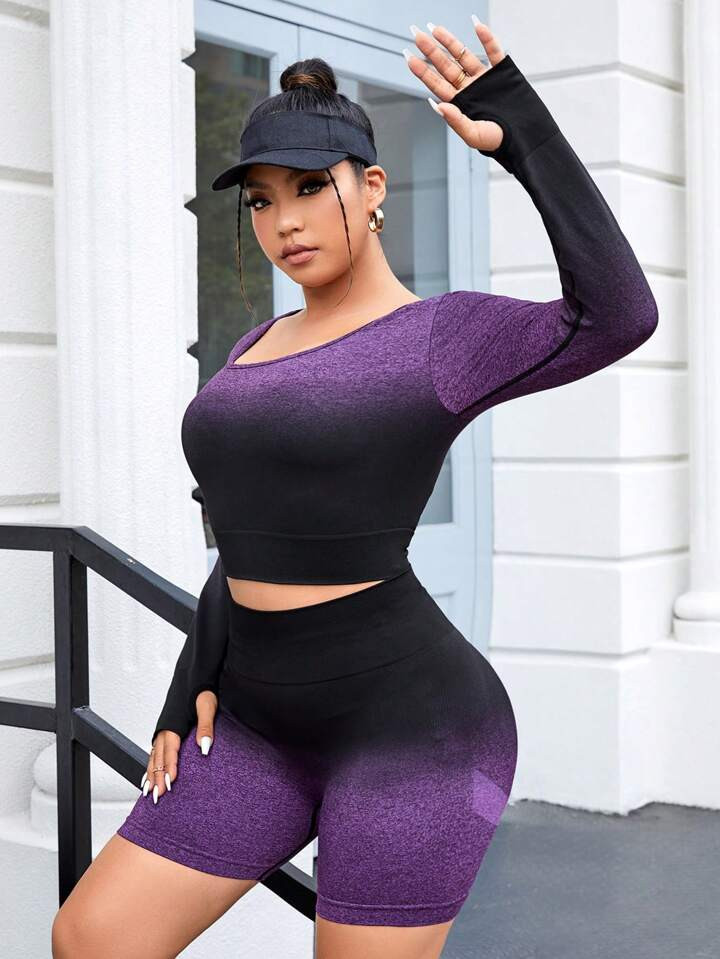 SHEIN Yoga Sxy Plus Ombre Scoop Neck Thumb Holes Sports Set | SHEIN