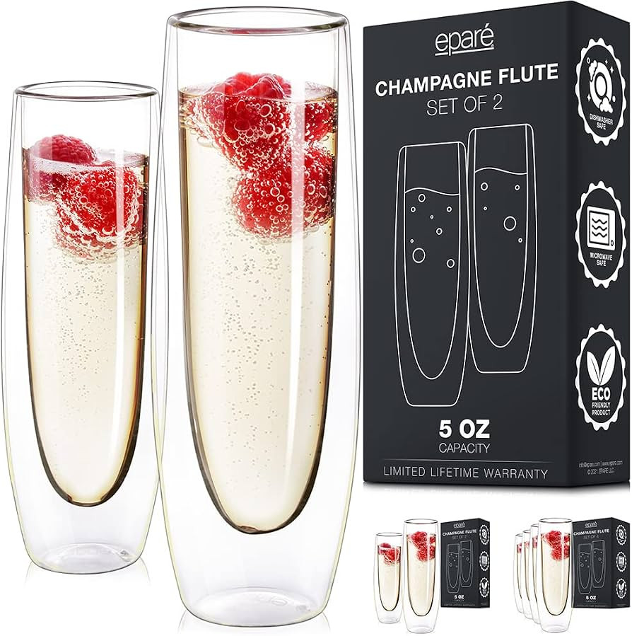 Eparé Stemless Champagne Flutes Glass - Set of 2 Crystal Prosecco Glasses for Bridal Shower - 5o... | Amazon (US)