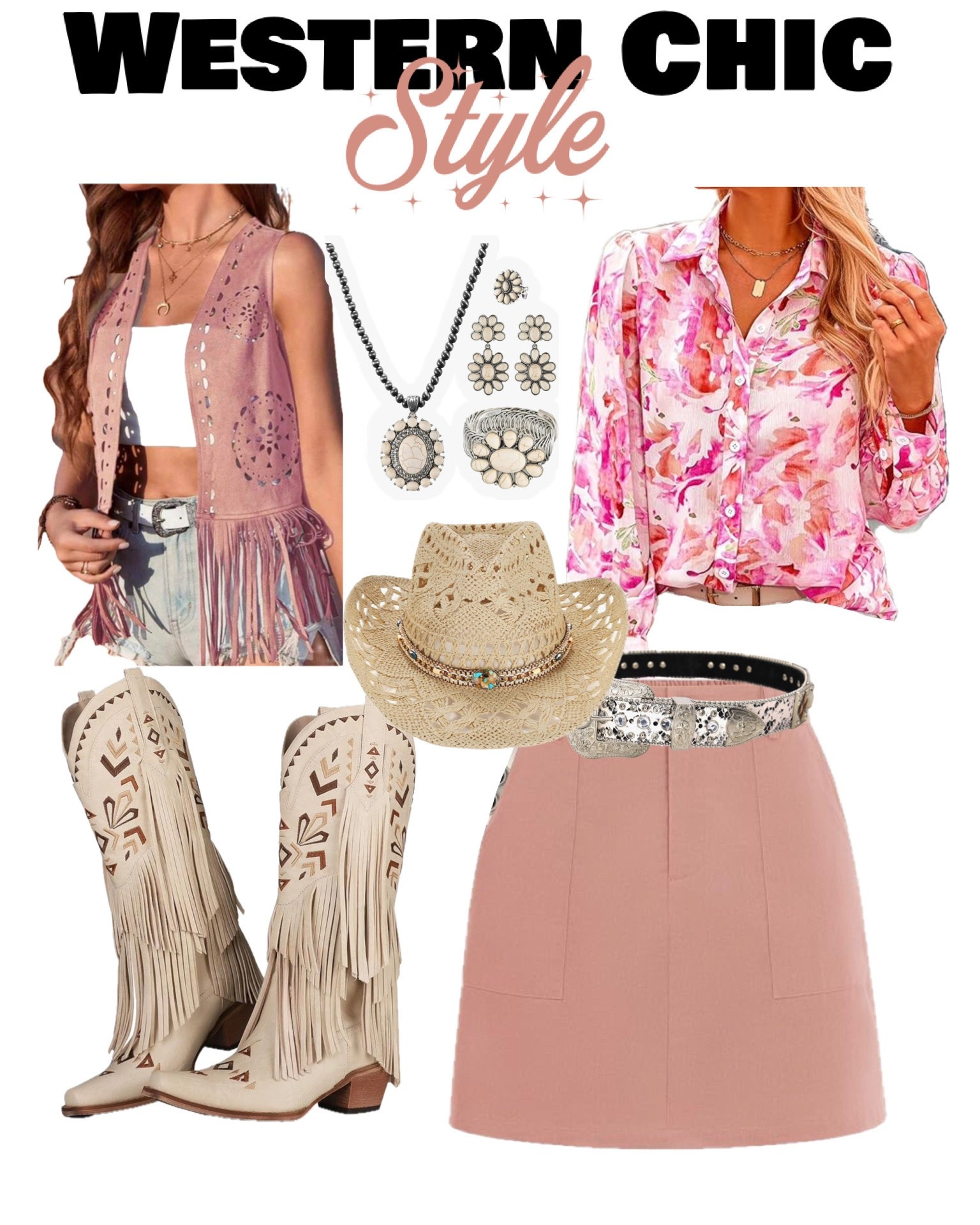 Let’s get ready for Cowtown, a country  concert or a visit to your favorite honky tonk with this feminine, blush pink western look. These are my favorite boots. Extremely comfortable right out of the box and the skirt is a SKORT!  Adding accessories brings it all together with the fringe vest, hat and a fun print blouse. And don’t forget a western belt!  All these pieces can be worn separately for endless options in your wardrobe.  ￼

#LTKSaleAlert #LTKootd #LTKMidsize