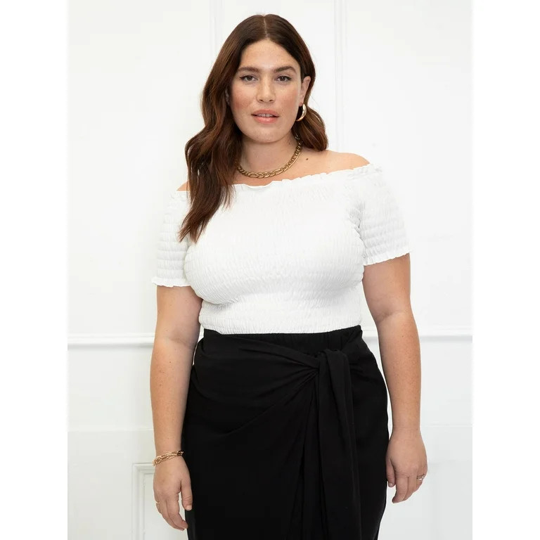 ELOQUII Elements Women's Plus Size Smocked Off The Shoulder Tee | Walmart (US)