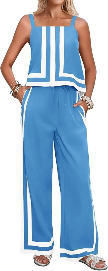 Tankaneo Womens 2 Piece Lounge Set Summer Casual Color Block Cami Top Wide Leg Pants Set Beach Va... | Amazon (US)