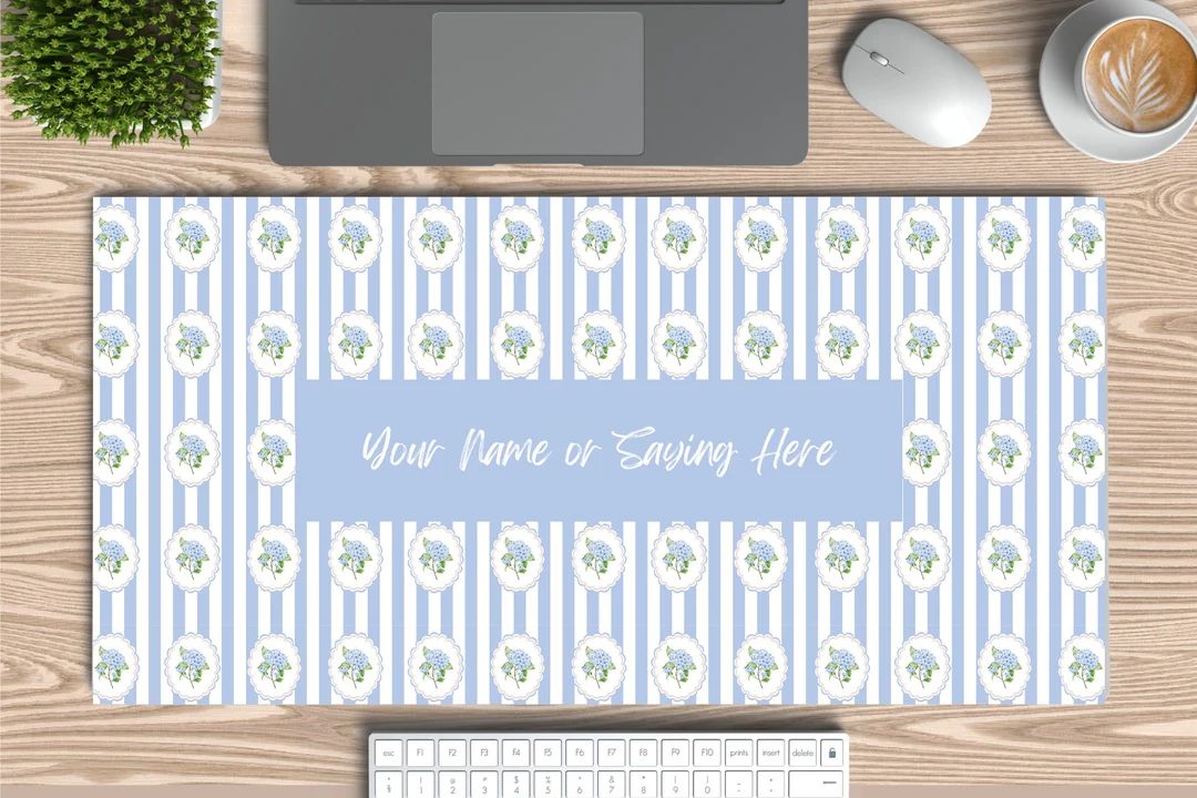 Blue Stripe Hydrangea Personalized Pattern Desk Mat Desk Accessory Cute Workspace Trendy Workspac... | Etsy (US)