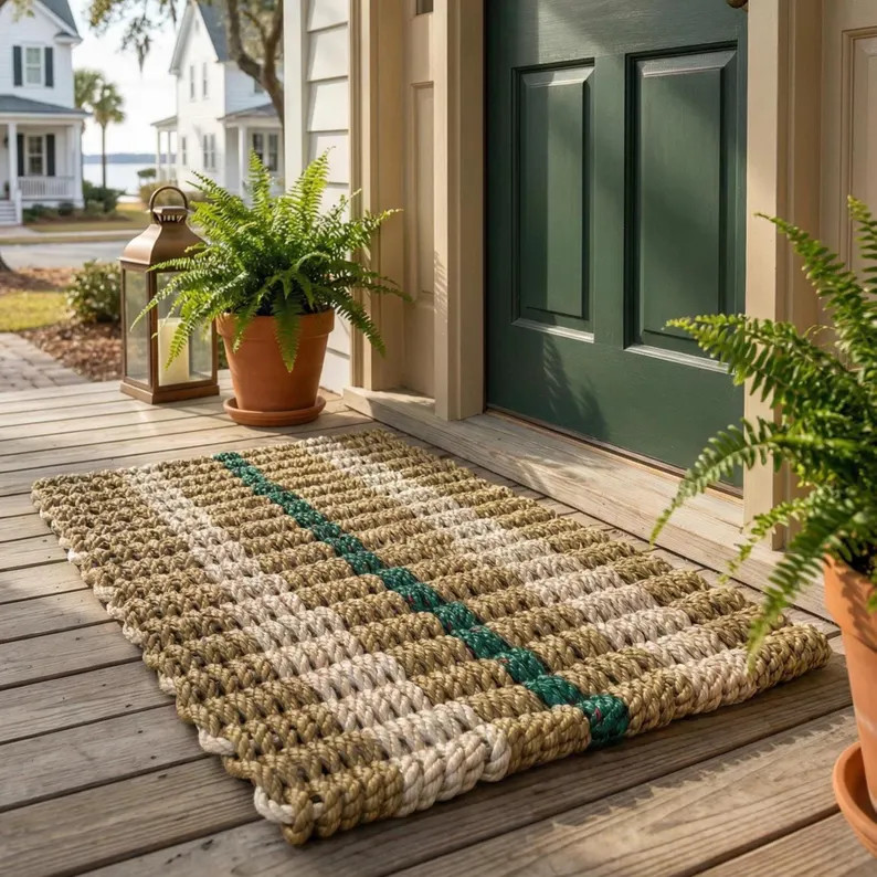 Coastal Rope Doormat | Nautical Tan, Sand and Green Handwoven Rope Mat | Etsy (US)