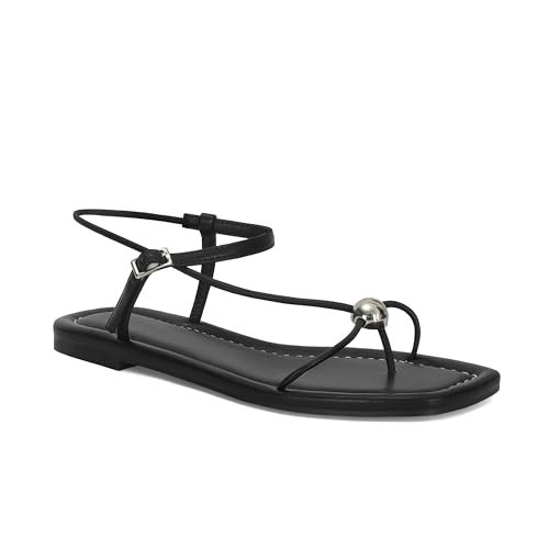 XBKXMK Black Strappy Flat Sandals for Women Comfortable Open Square Toe Slingback Sandals Dressy Beach Thong Flip Flop Slides Sandals | Amazon (US)