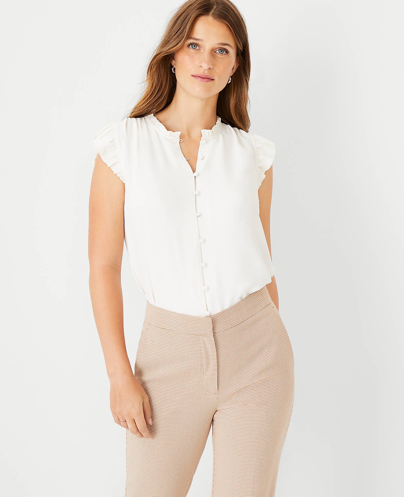 Mixed Media Ruffle Neck Shell | Ann Taylor (US)