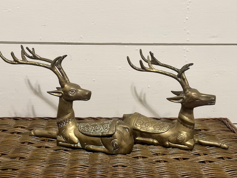 Vintage Pair of Large Brass Stags W Antlers Resting Seated Deer Figurine, Brass Animal Reindeer, ... | Etsy (US)
